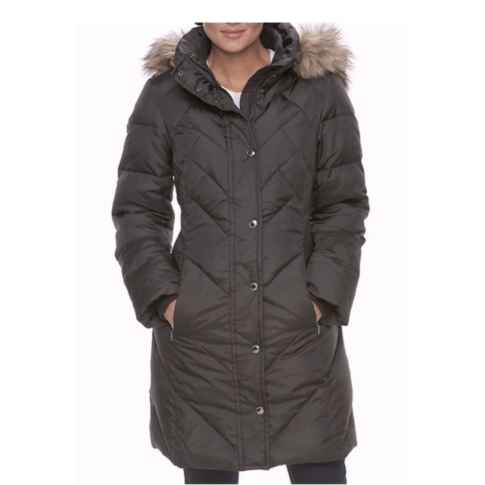 Anne Klein Womens Puffer Coat Gray Down Feather Quilted Faux Fur Hood‎ Medium